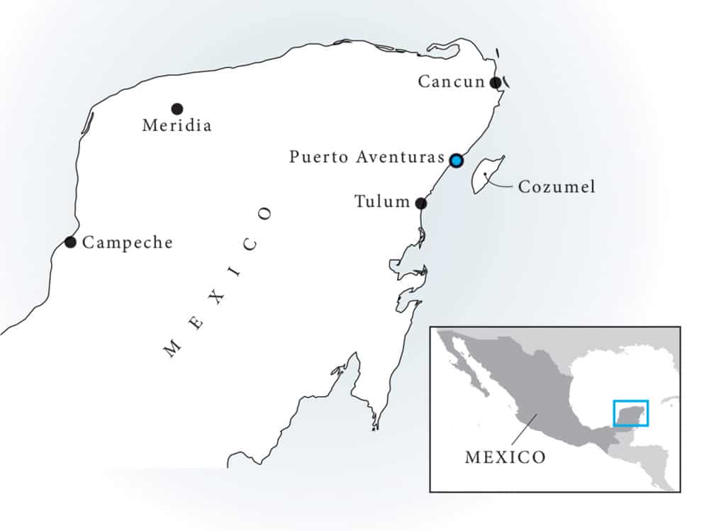 A digital map of mexio, showcasing the coastline outlining the position of Puerto Aventuras.