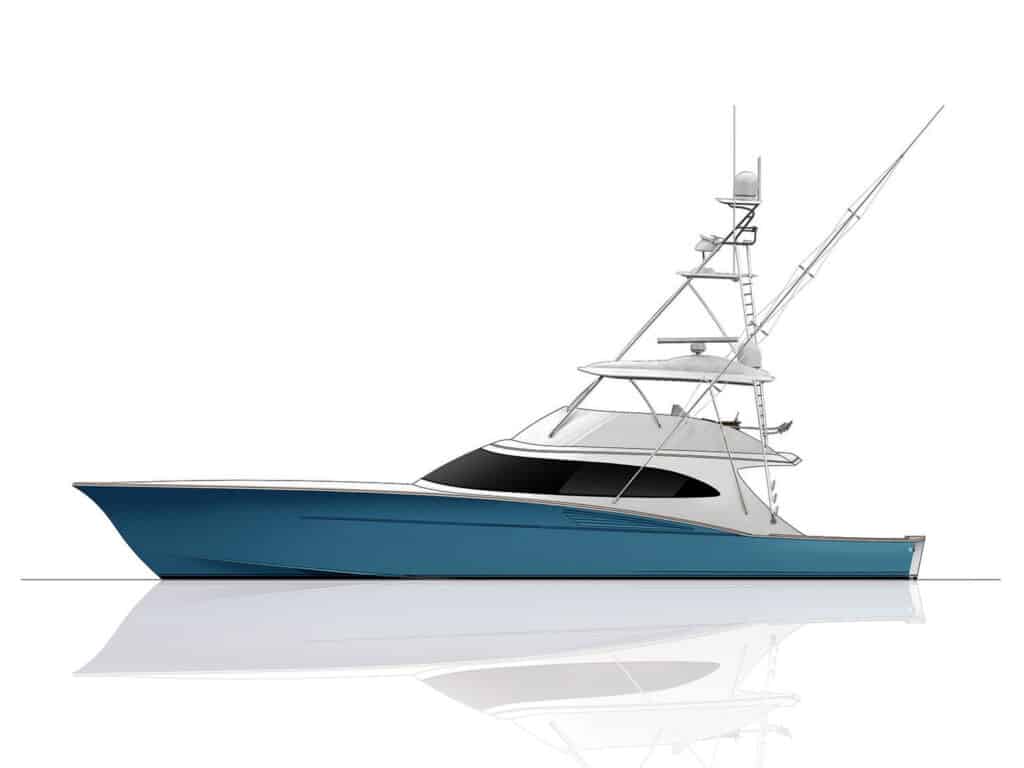 A digital rendering of a Ritchie Howell 74 sport-fishing boat isolated on a white background.