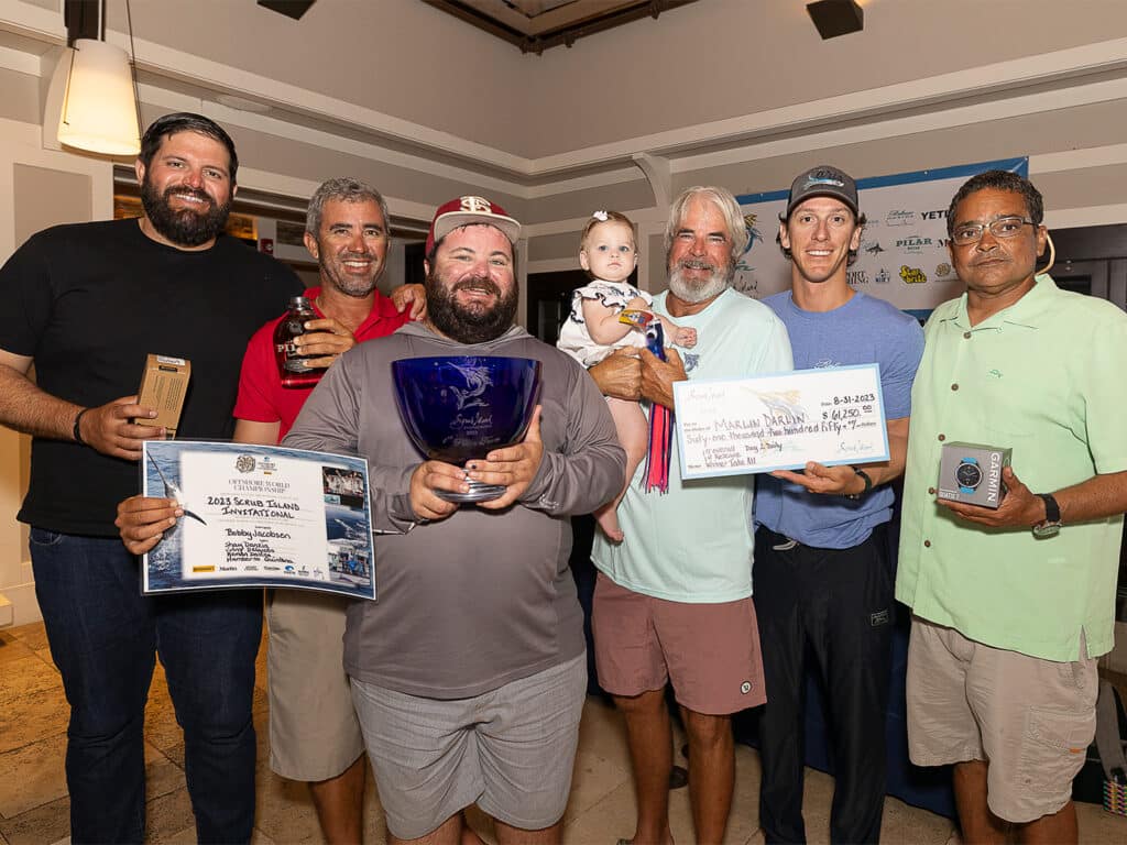 A sport-fishing team celebrating a win at the 2023 Scrub Island Invitation Leg 1 awards.