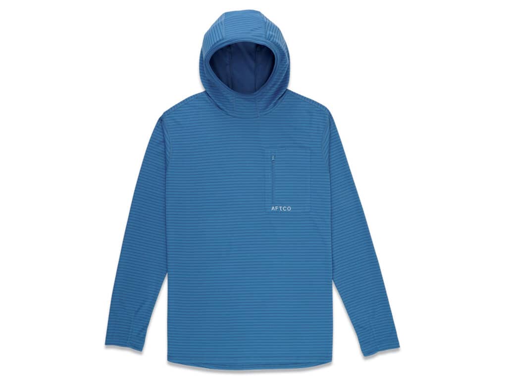 AFTCO Channel Hooded Fishing Shirt in blue isolated on a white background.