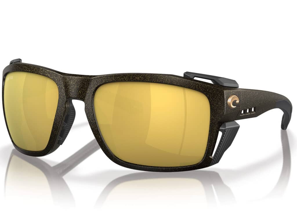 Costa King Tide 8 sunglasses with yellow lenses isolated on a white background.