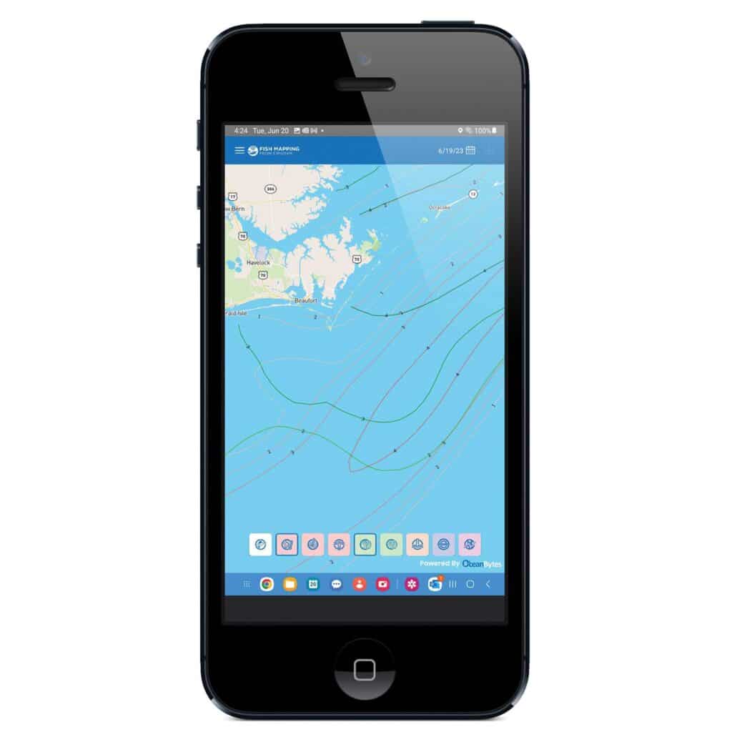 An Apple iPhone displaying the SiriusXM Marine Fish Mapping App