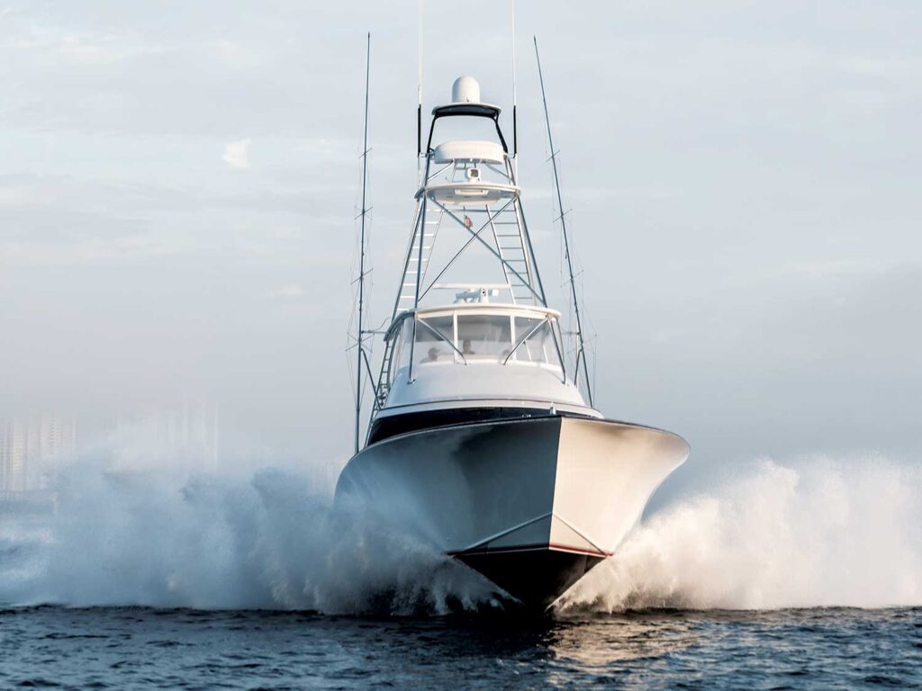 A sport-fishing boat cruising across the open water.