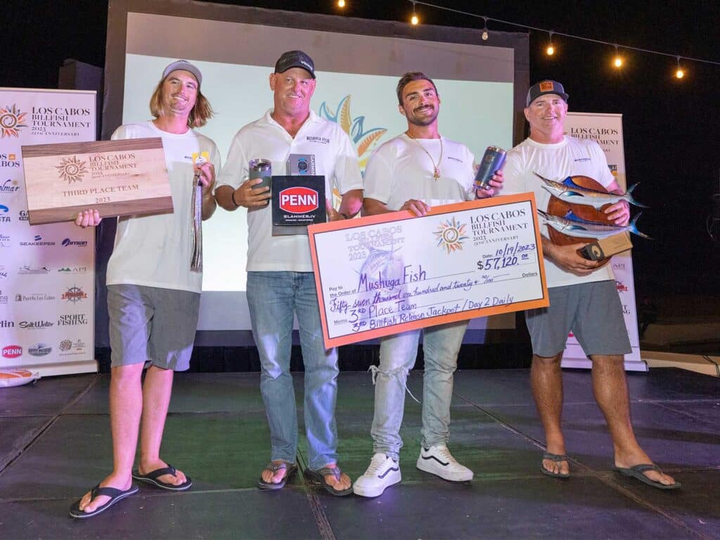 Team Meshuga Fish celebrating at the 2023 Los Cabos Billfish Tournament.