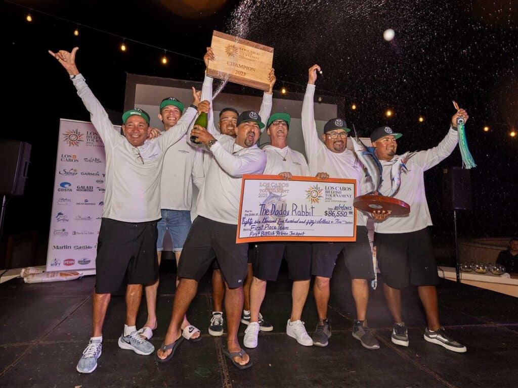 Team The Daddy Rabbit celebrating at the 2023 Los Cabos Billfish Tournament awards ceremony.