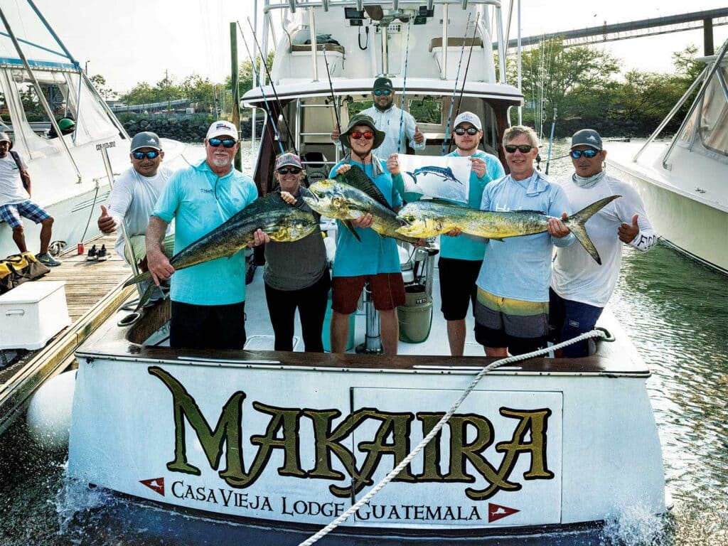 A crew of sport-fishers hold up large dolphinfish while standing in the cockpit of a sport-fishing boat.