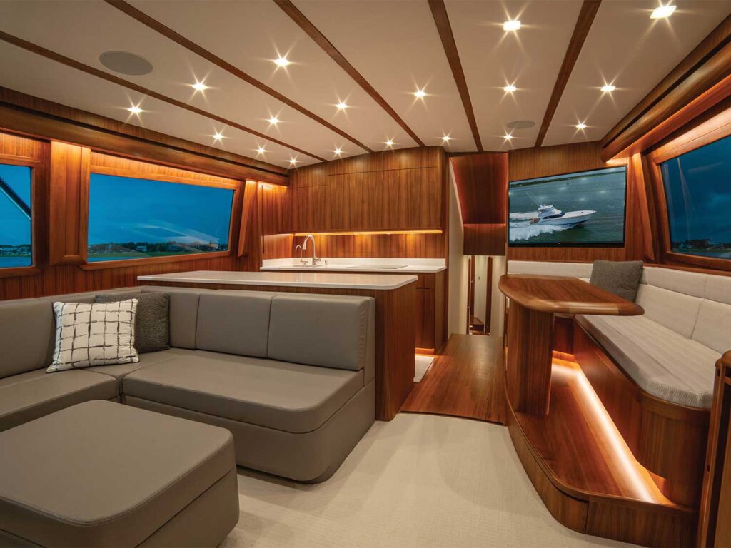 The interior salon and galley of the Duffie Boatworks 70 sport-fishing boat.