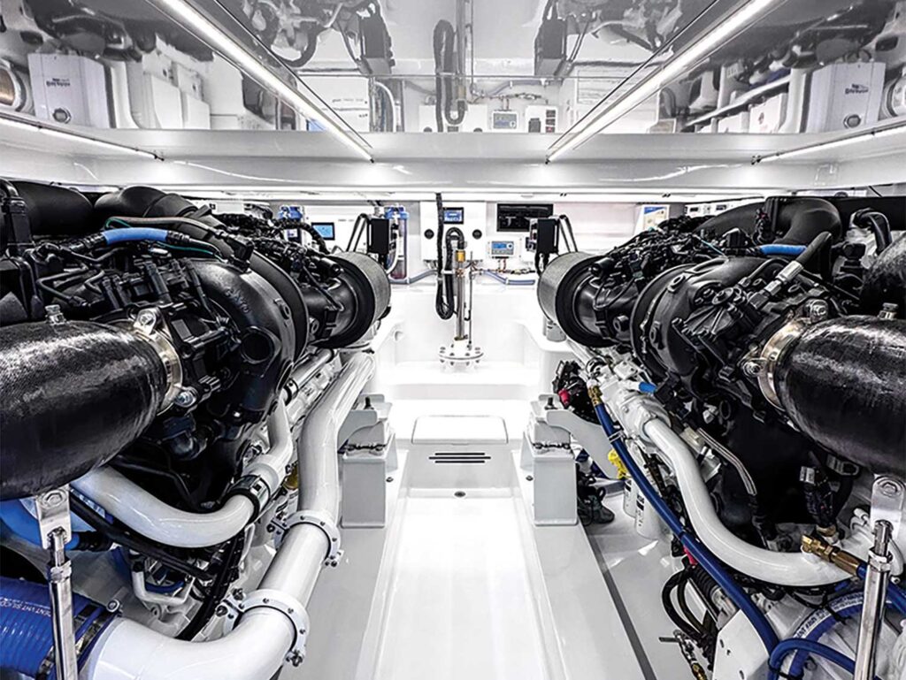 The clean white interior of the Duffie Boatworks 70 sport-fishing boat.