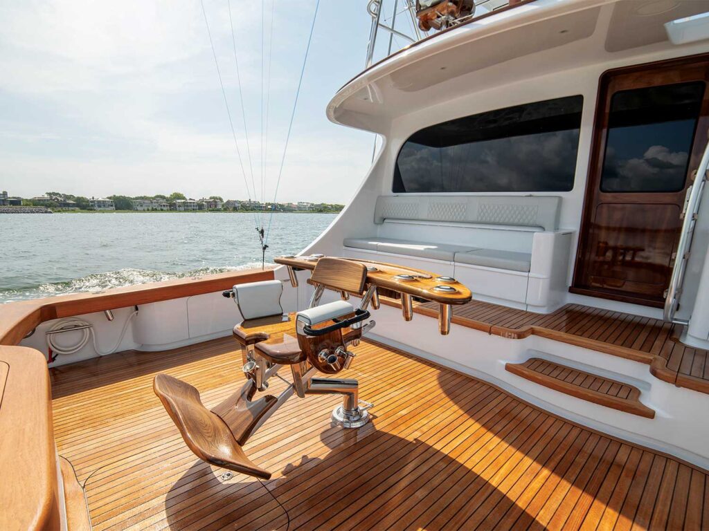 The cockpit and mezzanine of the Duffie Boatworks 70 sport-fishing boat, featuring a Release Marine fighting chair.