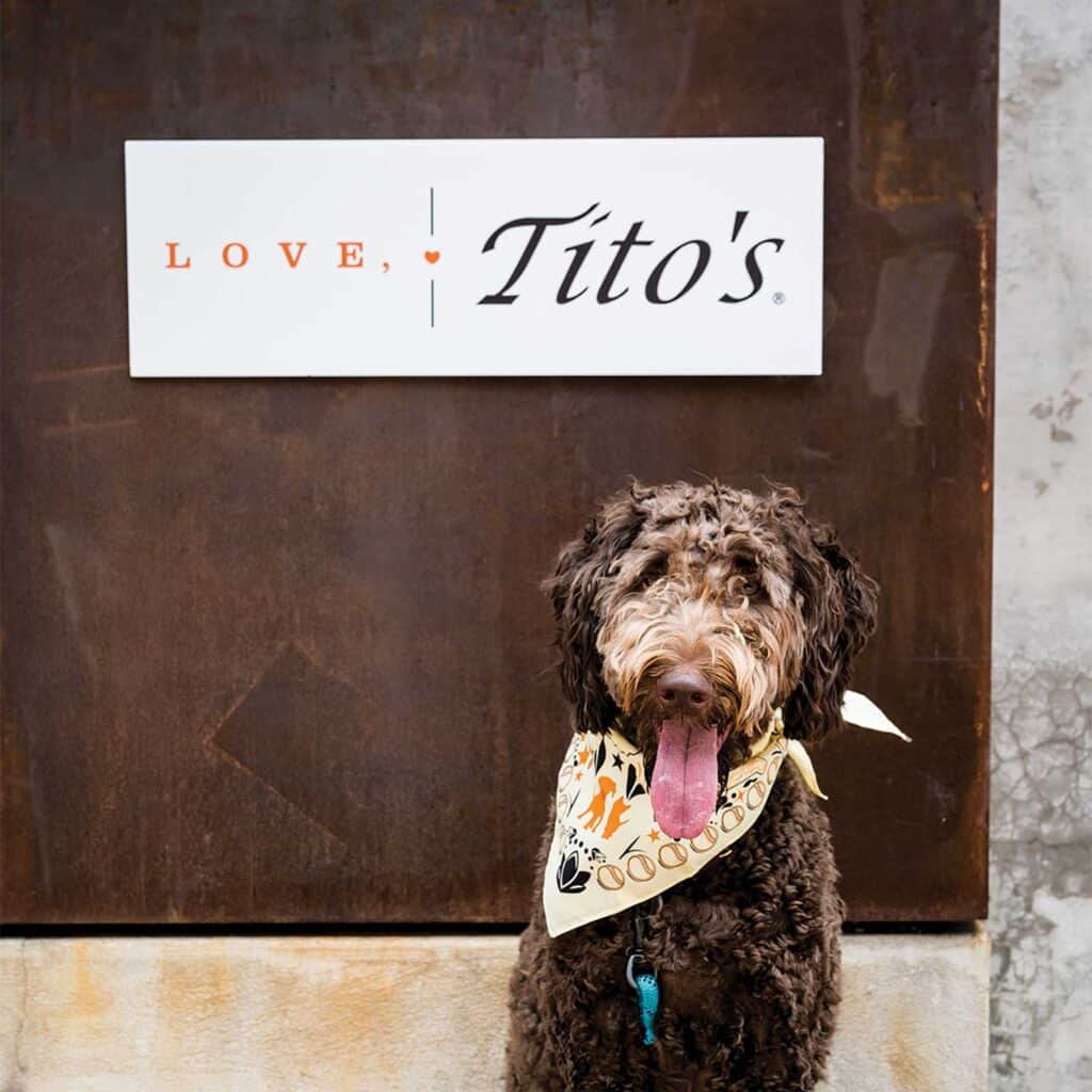A dog wearing a bandana sitting in front of a "Love, Tito's" sign.