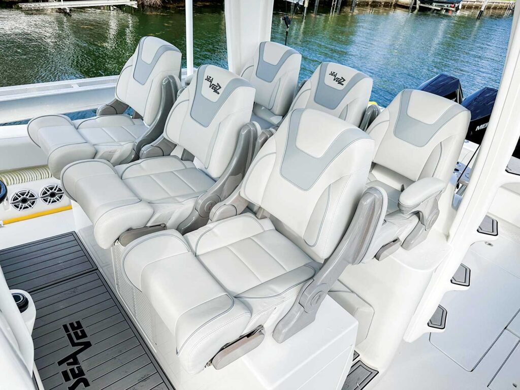 Two rows of seating in the SeaVee 420z sport-fishing boat.