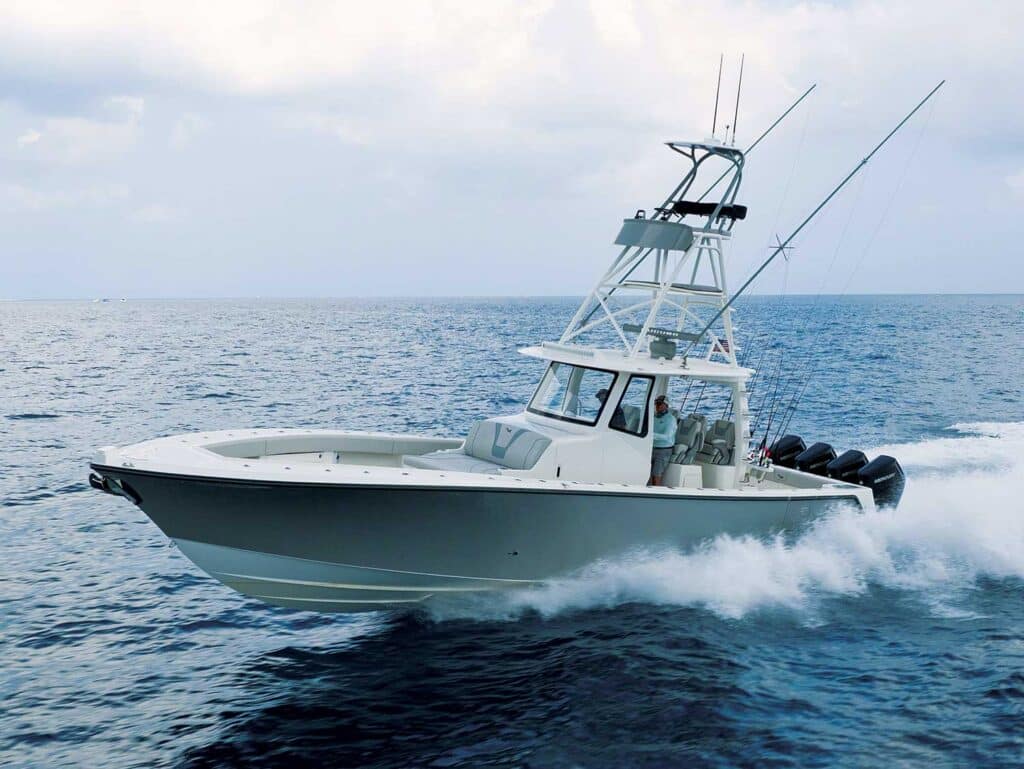 A SeaVee sport-fishing boat cruising across the open water.