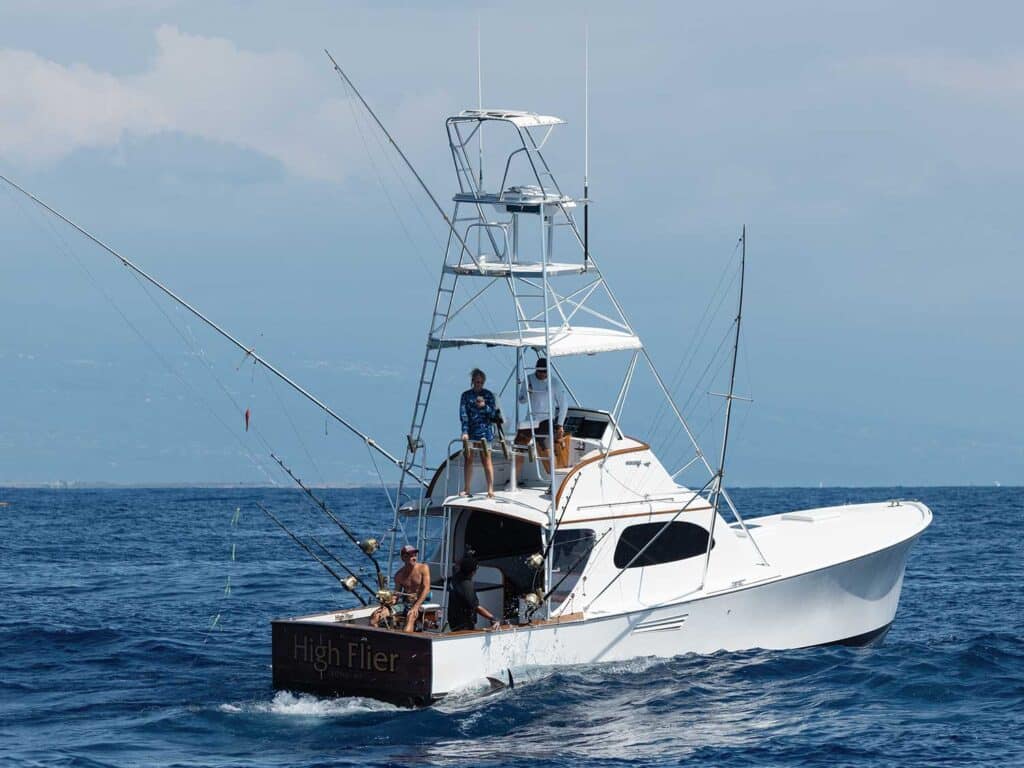 A view of a sport-fishing boat on the water.