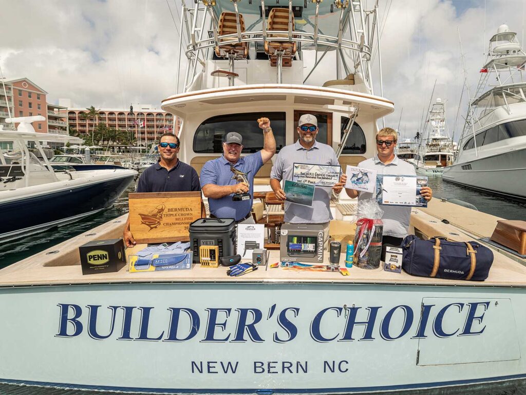 Team Builder's Choice celebrating a win from the cockpit of their sport-fishing boat.