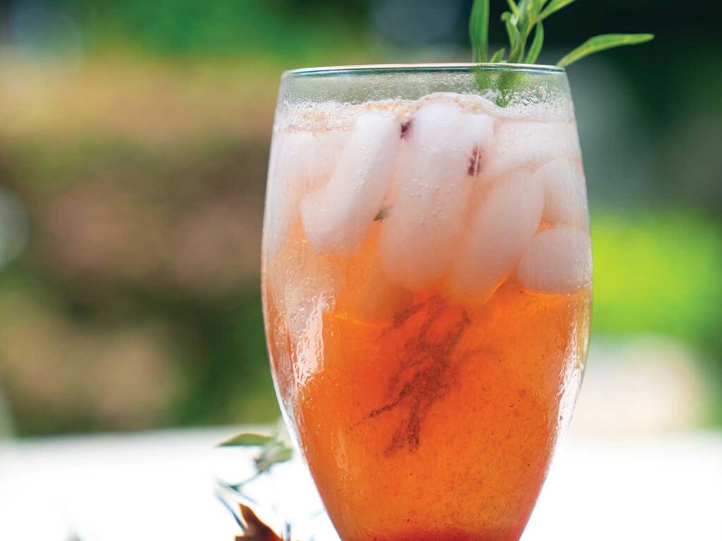 Tito's Pom Spritz Cocktail served in a glass and garnished with tarragon sprigs.