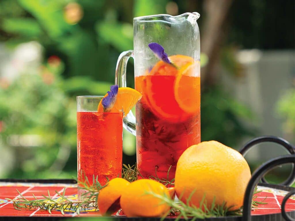 A pitcher and glass of Tito's Rosemary-Aperol Sparkle Punch Cocktail garnished with slices of grapefruit and rosemary sprigs.