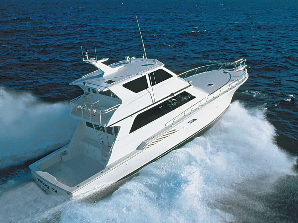 Rear-aerial view of a Viking Yacht on the water.