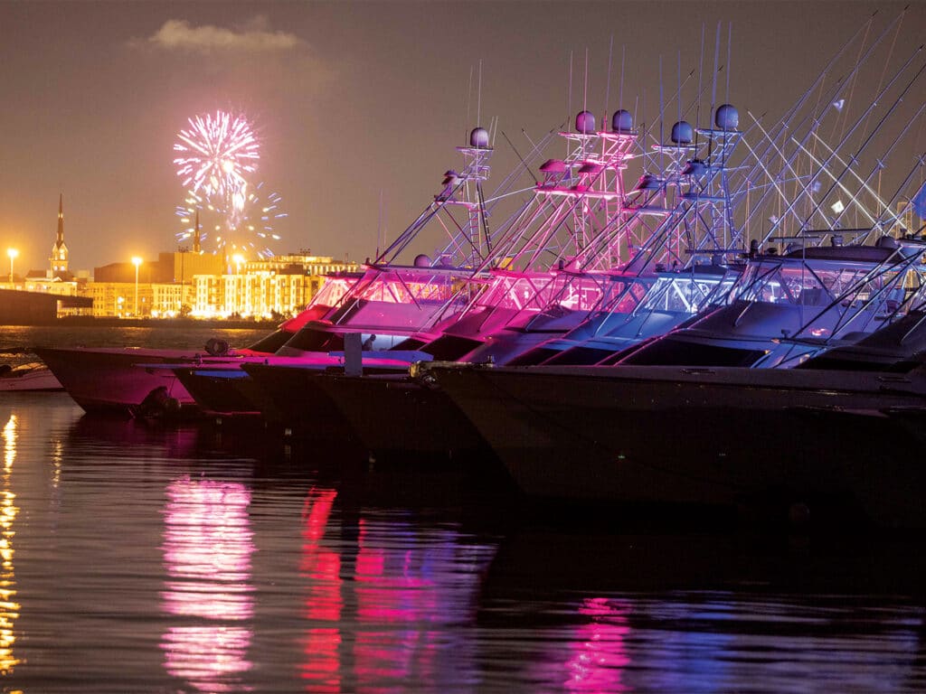 A nighttime fireworks display over the marina at the South Carolina Governor's Cup.