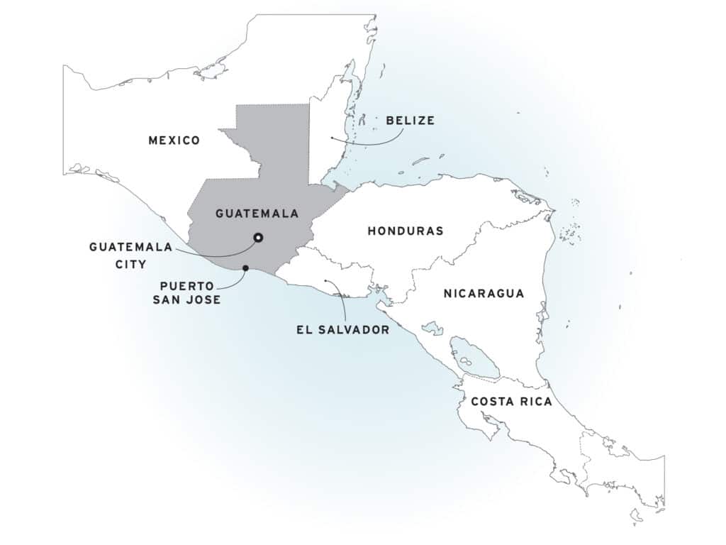 A digital vector map of Guatemala and its surrounding areas.