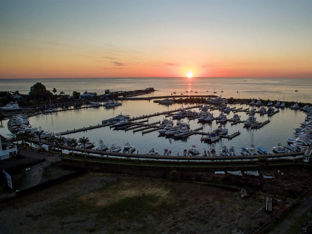 Aerial view of Marina Pez Vela at sunset.