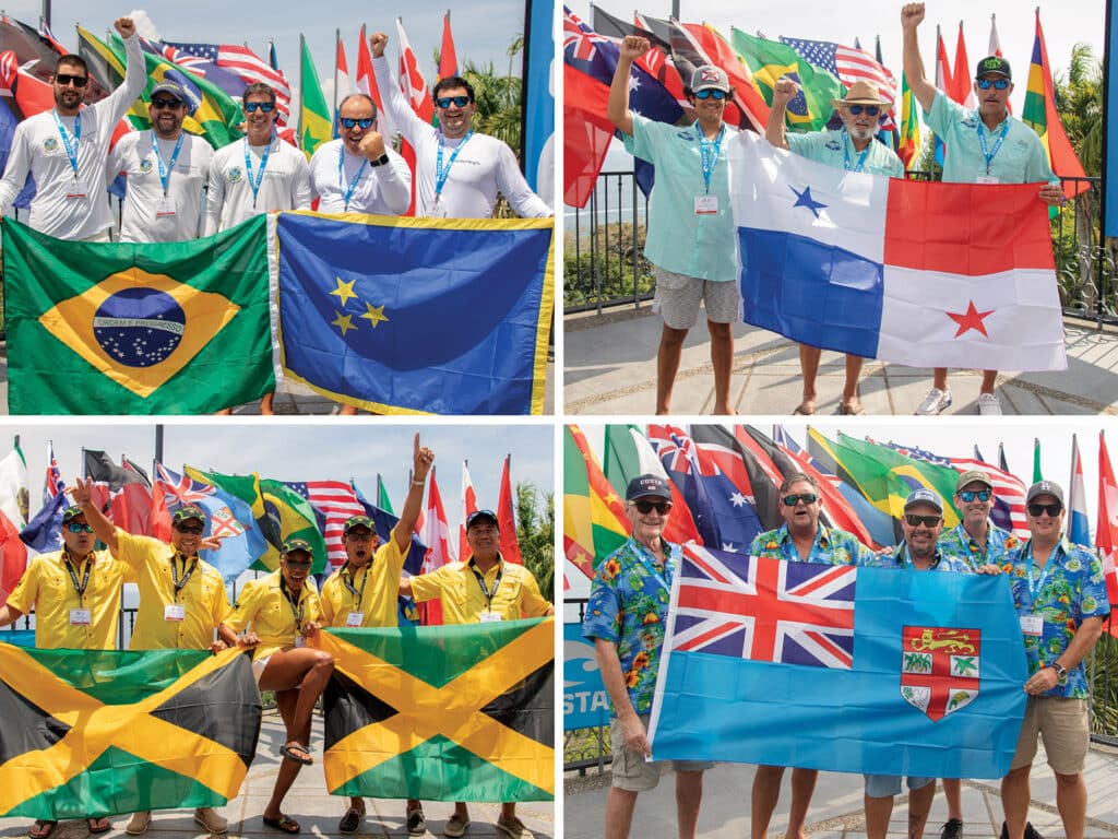 A collage of sport-fishing teams celebrating at the Offshore World Championship.