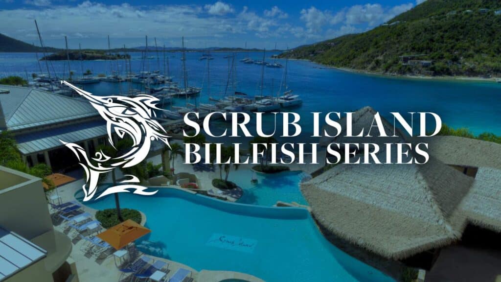 Scrub Island Billfish Series logo overlaid an aerial view of Scrub Island resort