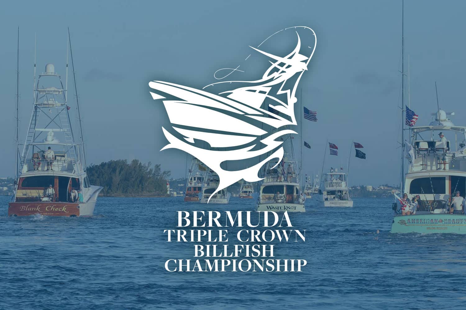 Bermuda Triple Crown Billfish Championship logo in white overlaid a blue-filter image of sport-fishing boats on the water.
