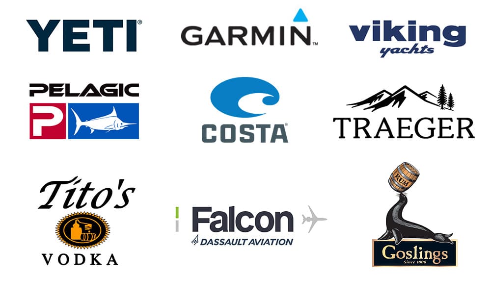 Client Logos: YETI, Garmin, Viking Yachts, Pelagic, Costa, Traeger, Tito's Handmade Vodka, Dassault Falcon, Goslings Rum
