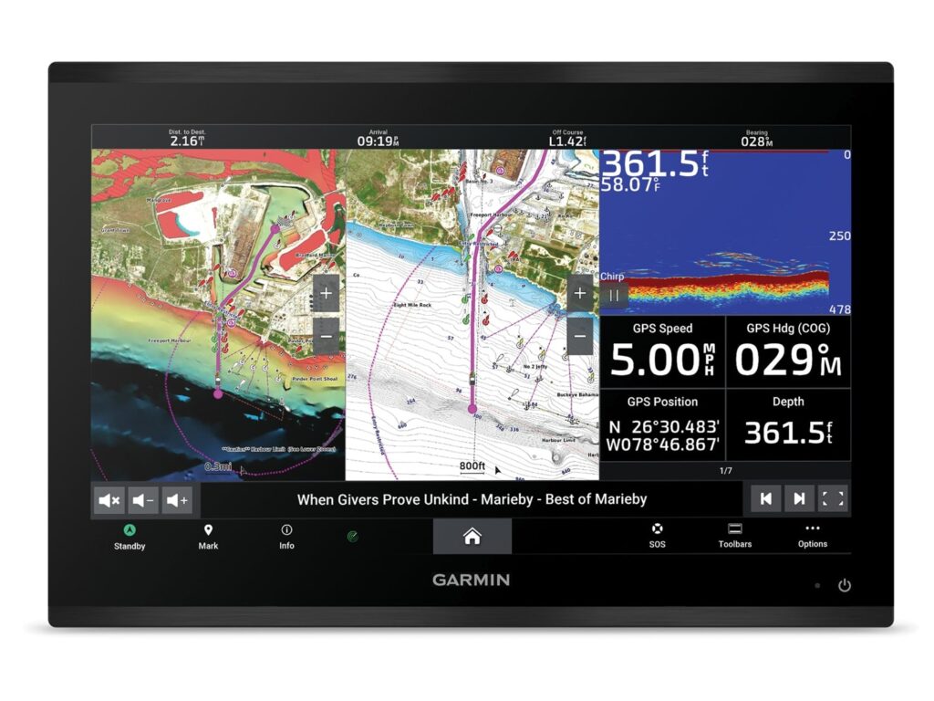 A Garmin digital display featuring sonar and view camera charts.