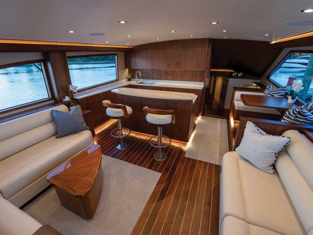 Interior salon of a Jarrett Bay sport-fishing boat.