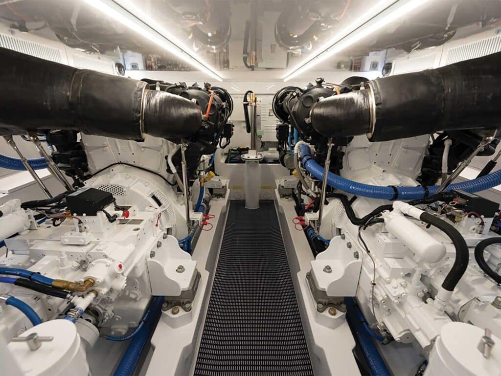 The engine room of a Jarrett Bay sport-fishing boat.