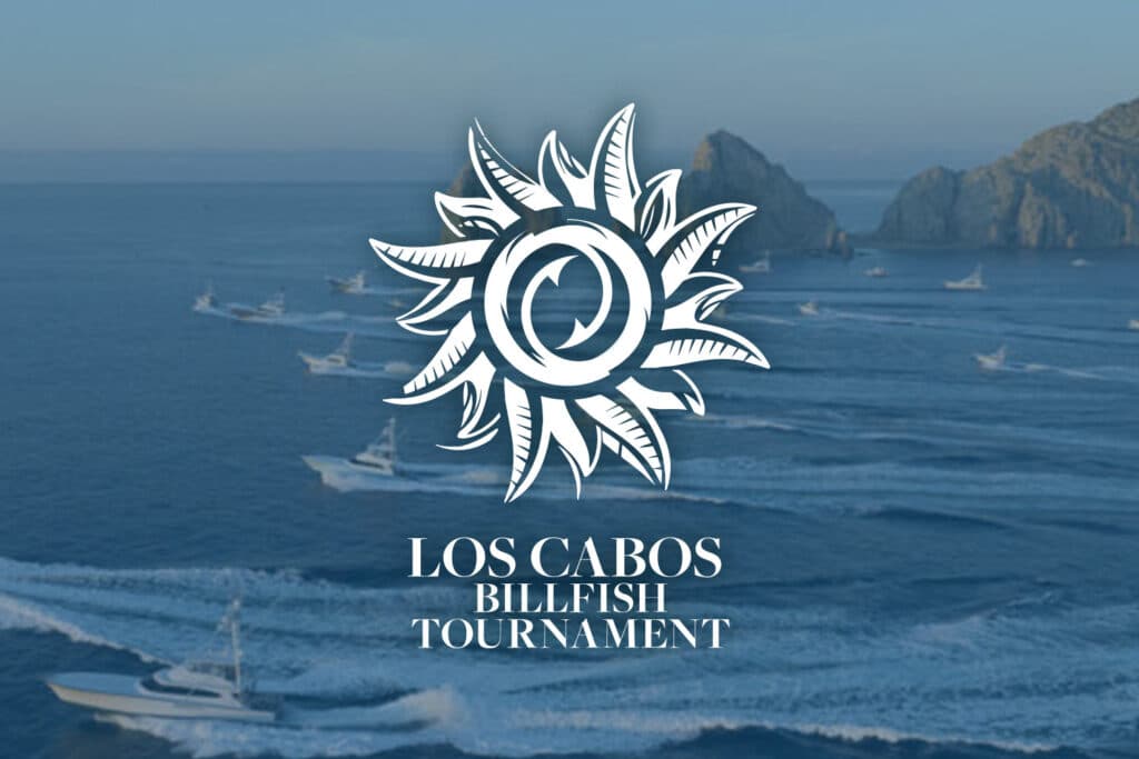 The Los Cabos Billfish Tournament in white overlaid a blue-filter image of sport-fishing boats cruising across the ocean.