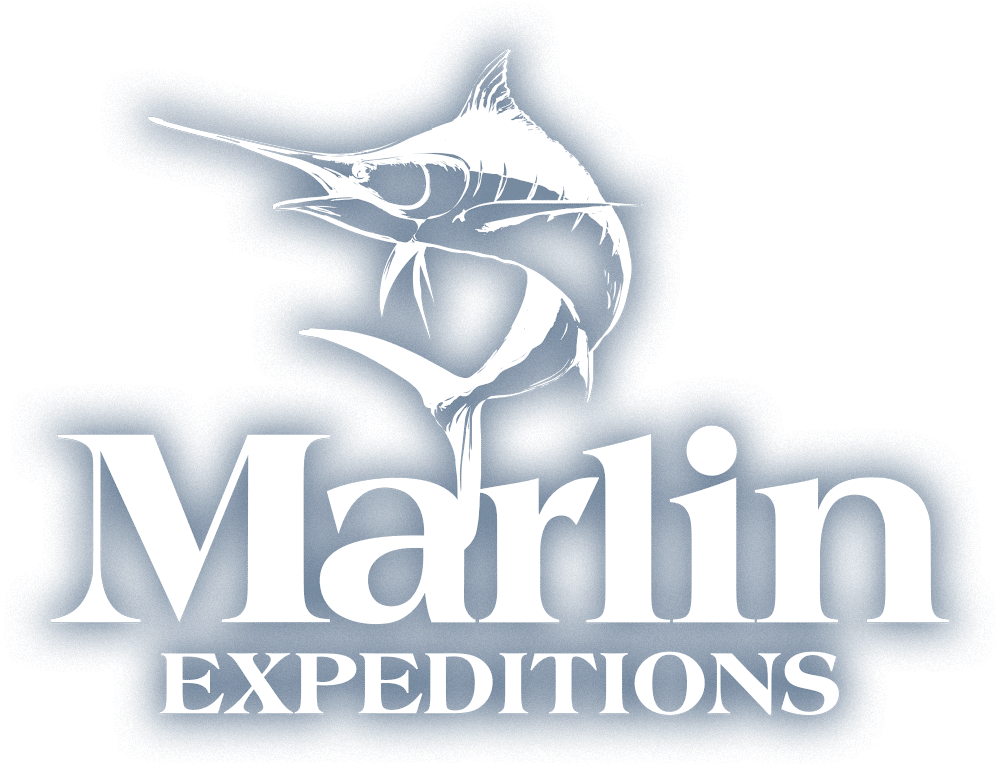 A solid white Marlin Expeditions logo with a blue outer glow.