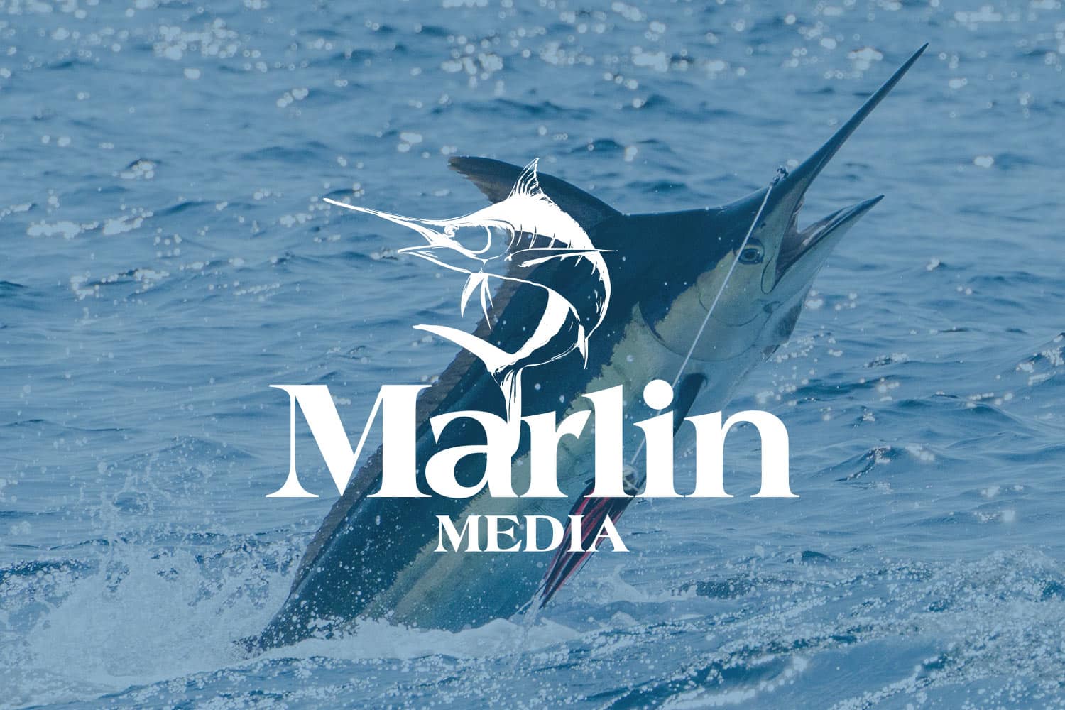 Marlin Media logo in white overlaid a blue-filter picture of a Marlin jumping out of the water on the lead.
