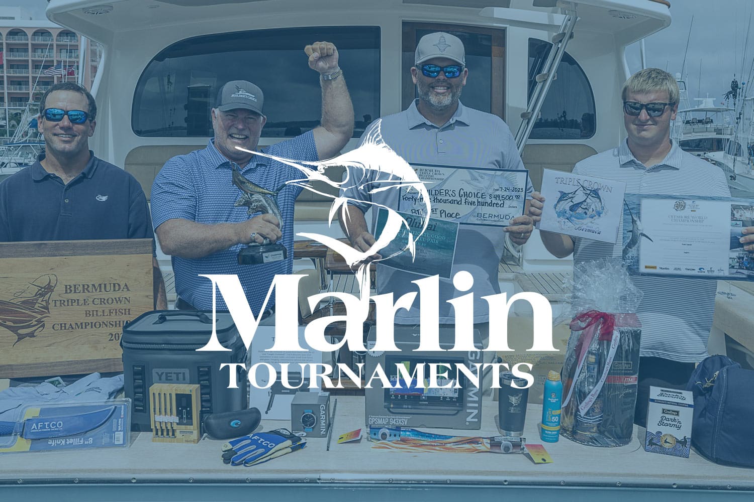 Marlin Tournaments logo in white overlaid a blue-filter image of a sport-fishing team holding up awards.