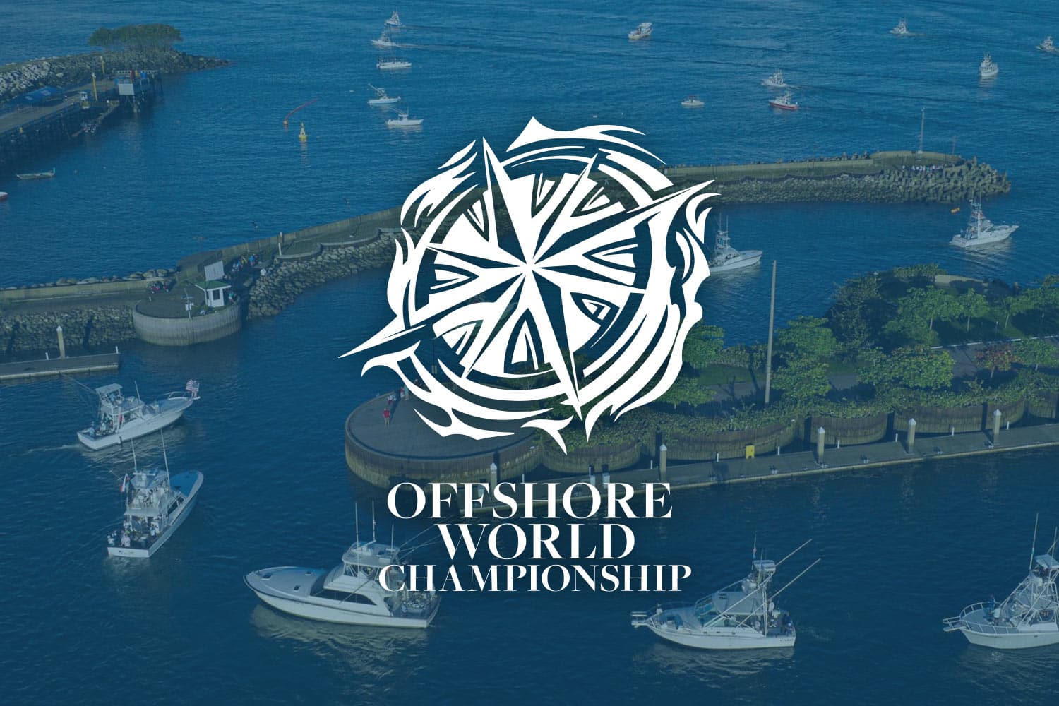 Offshore World Championship logo in white overlaid a blue-filter of the fleet leaving out for a day of fishing.