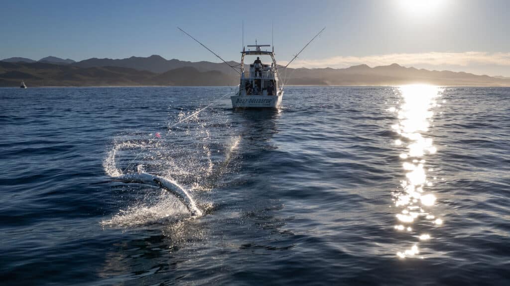 Image of a sport-fishing boat on the water with an angler in the cockpit.