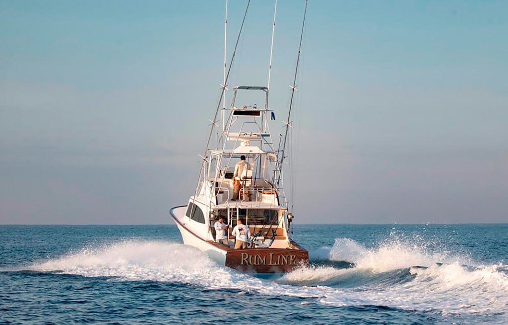 Rum Line, a 40-foot Gamefisherman, is a cold-molded boat built to raise fish with a clean trolling wake. She includes cold AC in the cabin and new mezzanine deck seating giving anglers an excellent and unobstructed view of the baits.