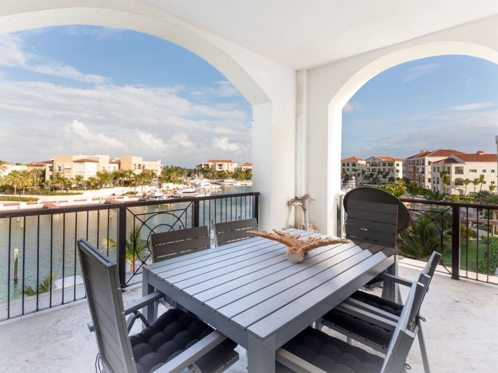 Outdoor balcony of Marina Cap Cana overlooking the docks.