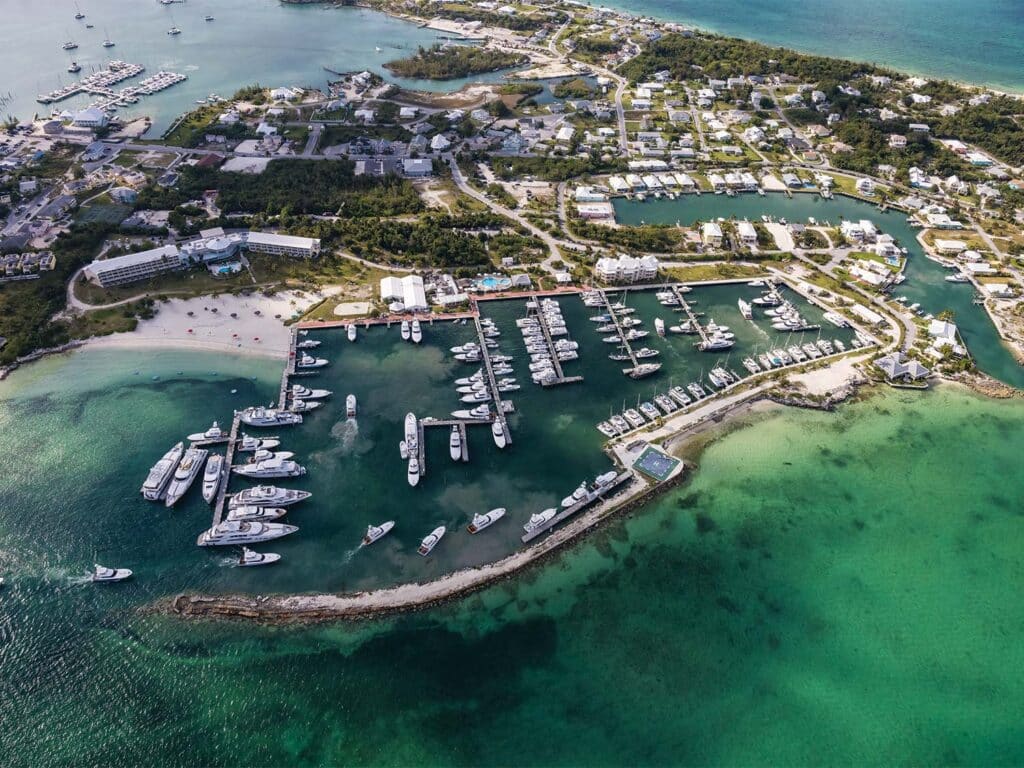 Aerial view of Boat Harbour Marina, showcasing the ocean surrounding the harbour.