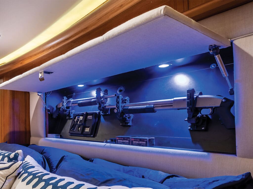 A hidden compartment for gun storage in a sport-fishing boat.