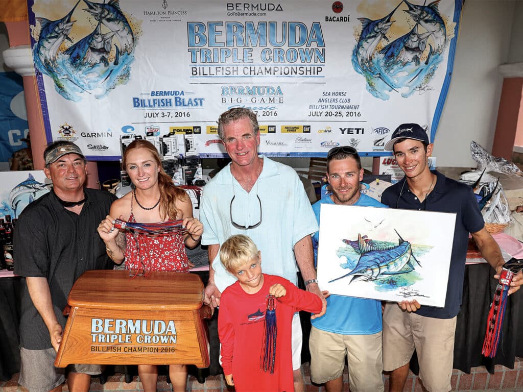 A sport-fishiing team at the awards ceremony of the Bermuda Triple Crown