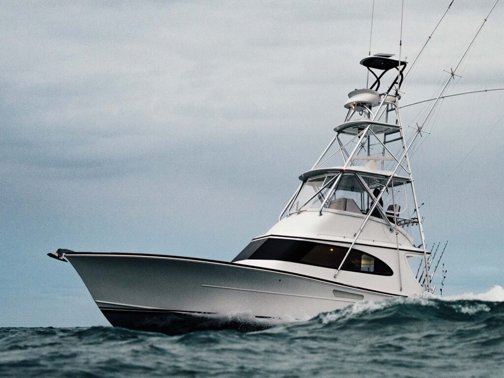 Release Boatworks 43 Gameboat cruises across the water.