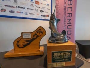 Two Bermuda Big Game Classic trophies on a table.