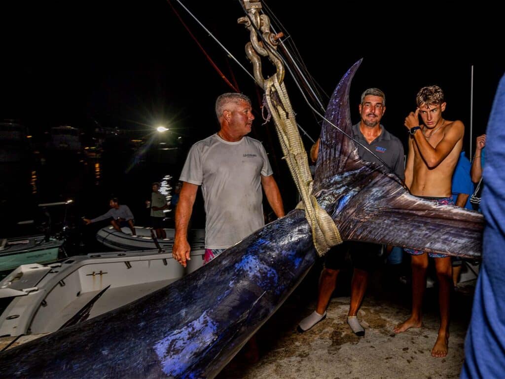 Anglers look on as a grander blue marlin gets prepped for weighing.