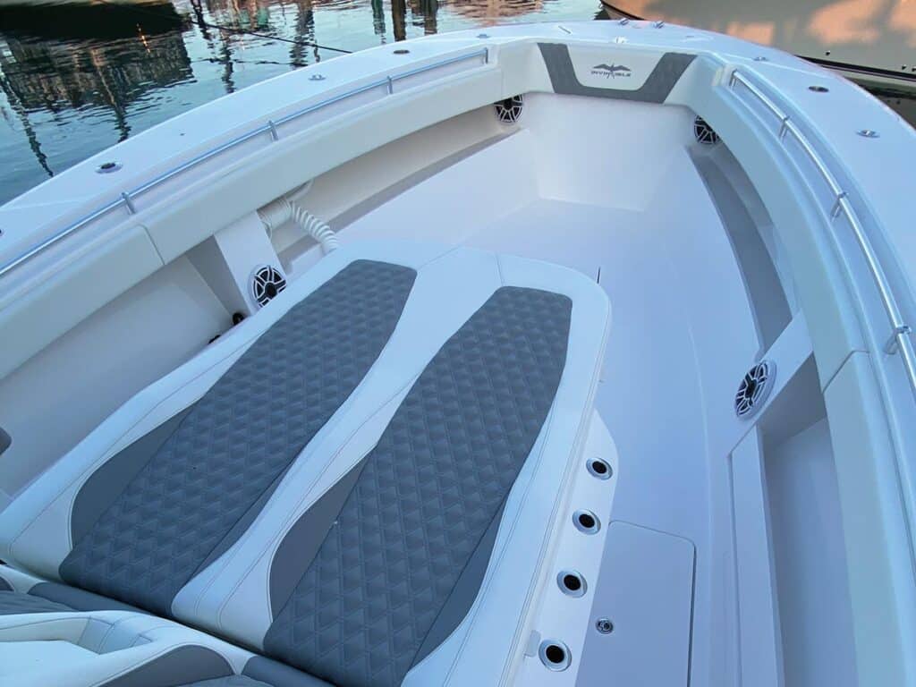 The forward lounge of the Invincible 43 Open forward, showing ample room.