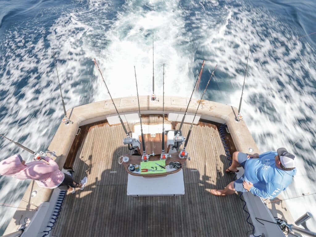 Top-down view of the cockpit of a sport-fishing boat.
