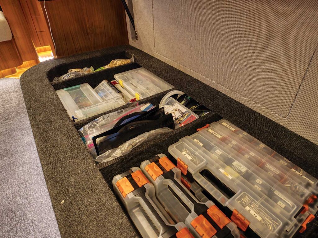 Clear containers packed neatly into storage departments.
