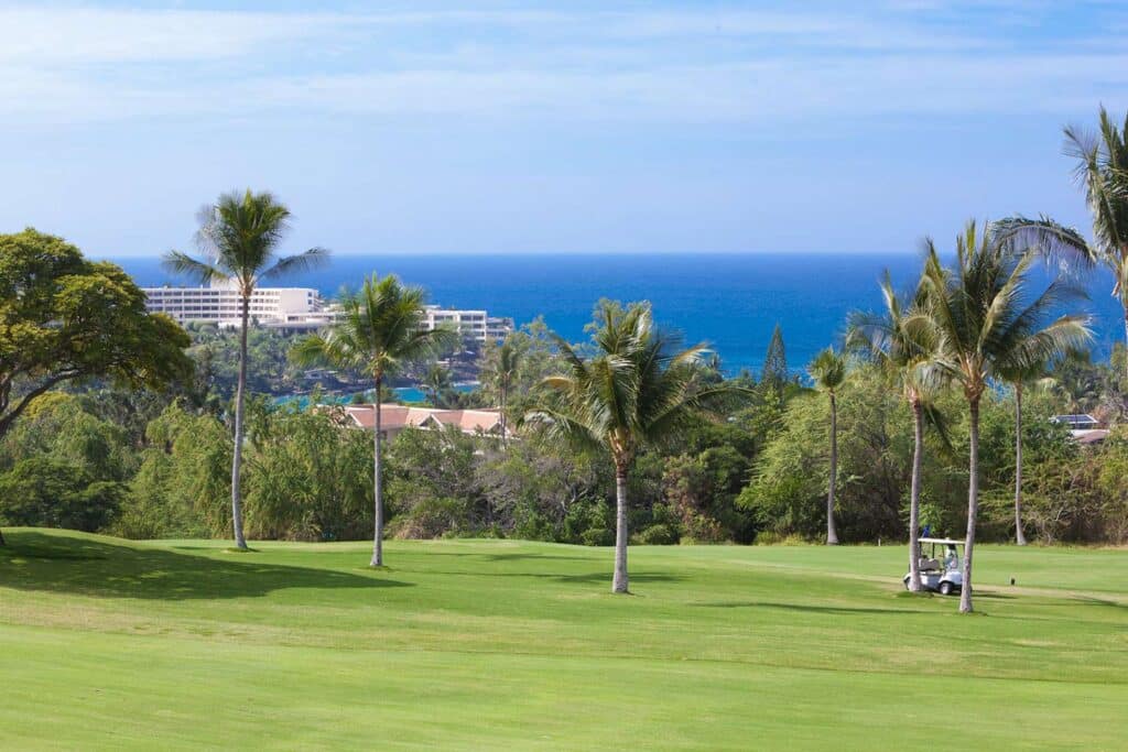 View of a well-manicured landscape overlooking palm trees and the ocean. A lone golf cart rides across the lawn in the distance.