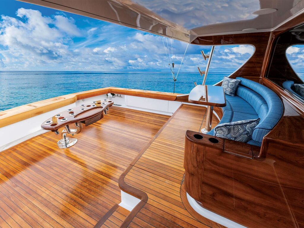 View of the cockpit of a sport-fishing boat. The rocket launcher stands prepared in the center of the cockpit.